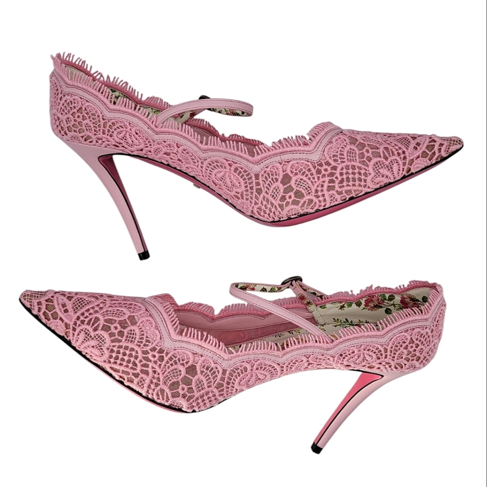 Gucci Virginia Crystal Embellished Corded Lace Mary Jane Pumps Pale Pink 40.5 - Picture 6 of 14